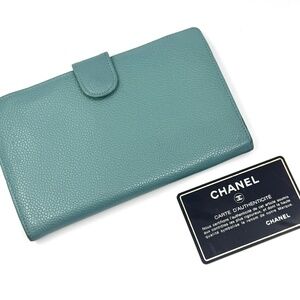 Authentic Chanel Wallet Caviar Skin Leather,Tiffany color with Authenticity card